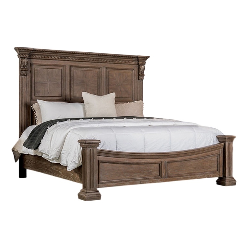 Reven Queen Bed-Weathered Oak Solid Wood-Intricate Carved Details