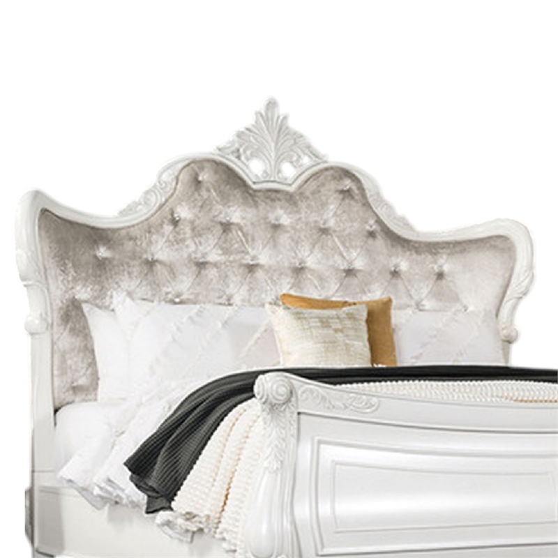 Valena King Size Bed-Ivory Upholstery-Wing Back-Crown Carved Top