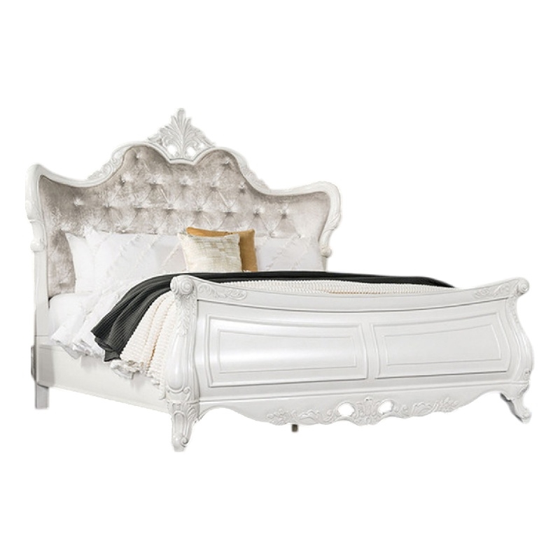 Valena King Size Bed-Ivory Upholstery-Wing Back-Crown Carved Top
