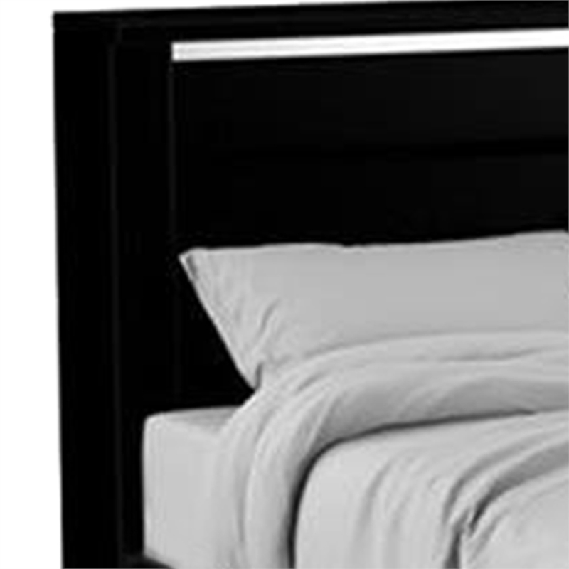 Cari King Size Bed w LED Lit Bookcase Shelf-Black-Chrome-Solid Wood