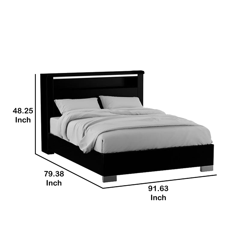 Cari King Size Bed w LED Lit Bookcase Shelf-Black-Chrome-Solid Wood