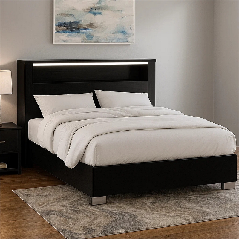 Cari King Size Bed w LED Lit Bookcase Shelf-Black-Chrome-Solid Wood