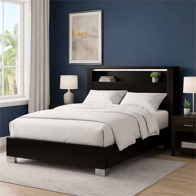 Cari King Size Bed w LED Lit Bookcase Shelf-Black-Chrome-Solid Wood