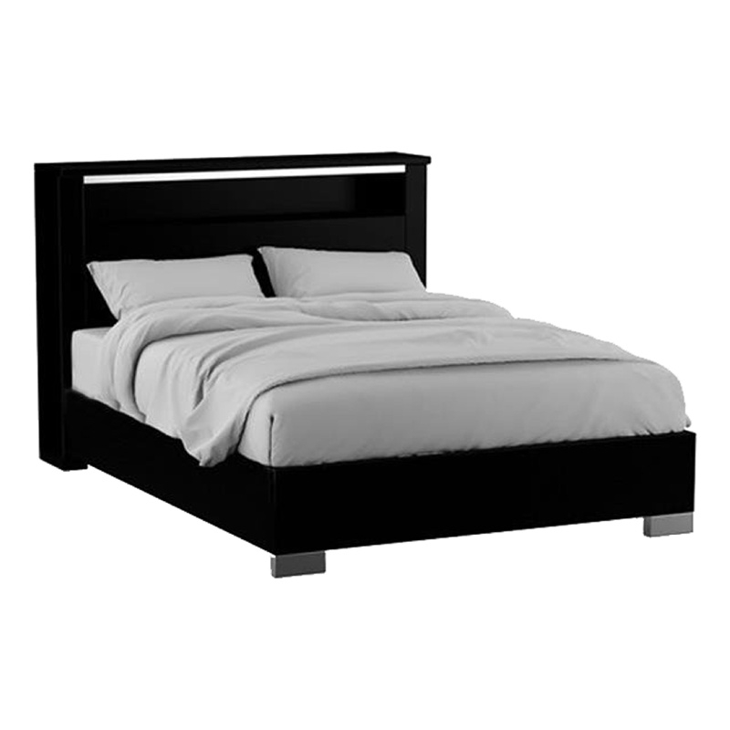 Cari King Size Bed w LED Lit Bookcase Shelf-Black-Chrome-Solid Wood