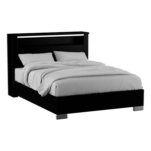 Cari King Size Bed w LED Lit Bookcase Shelf-Black-Chrome-Solid Wood