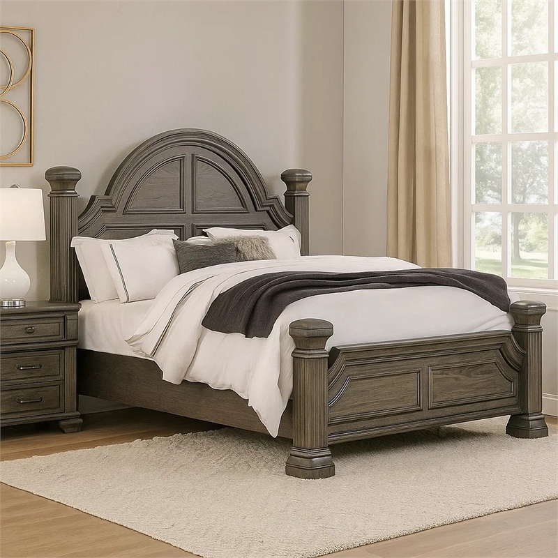 Akia Queen Bed-Gray Solid Wood-Classic Reeded Posts-Molded Trim