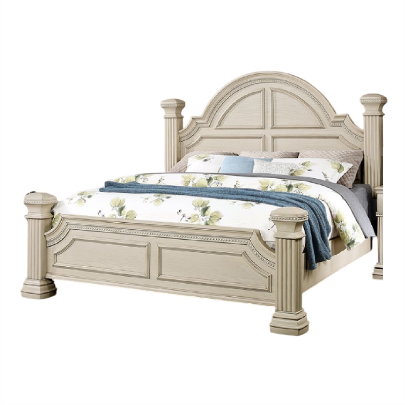 Akia King Bed-Antique White Solid Wood-Reeded Posts-Molded Trim