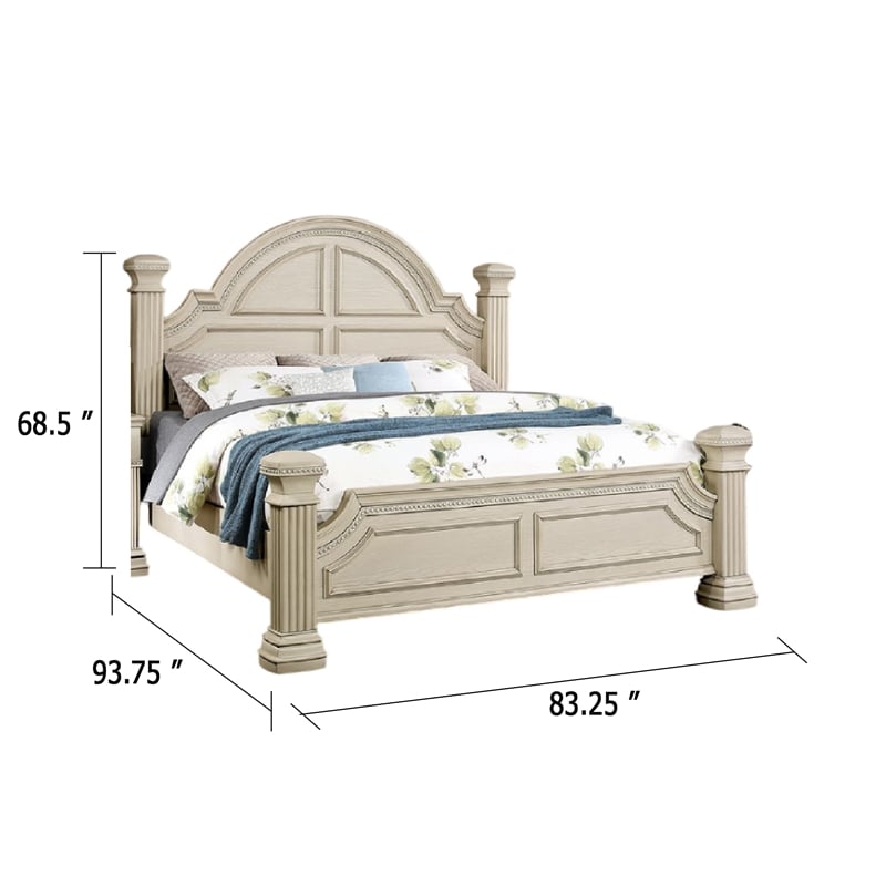 Akia King Bed-Antique White Solid Wood-Reeded Posts-Molded Trim