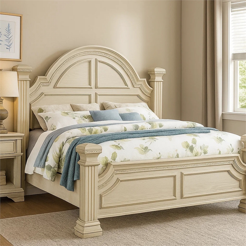 Akia King Bed-Antique White Solid Wood-Reeded Posts-Molded Trim