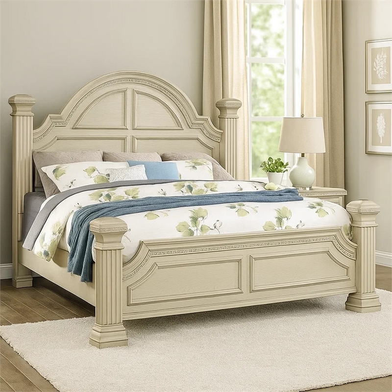 Akia King Bed-Antique White Solid Wood-Reeded Posts-Molded Trim