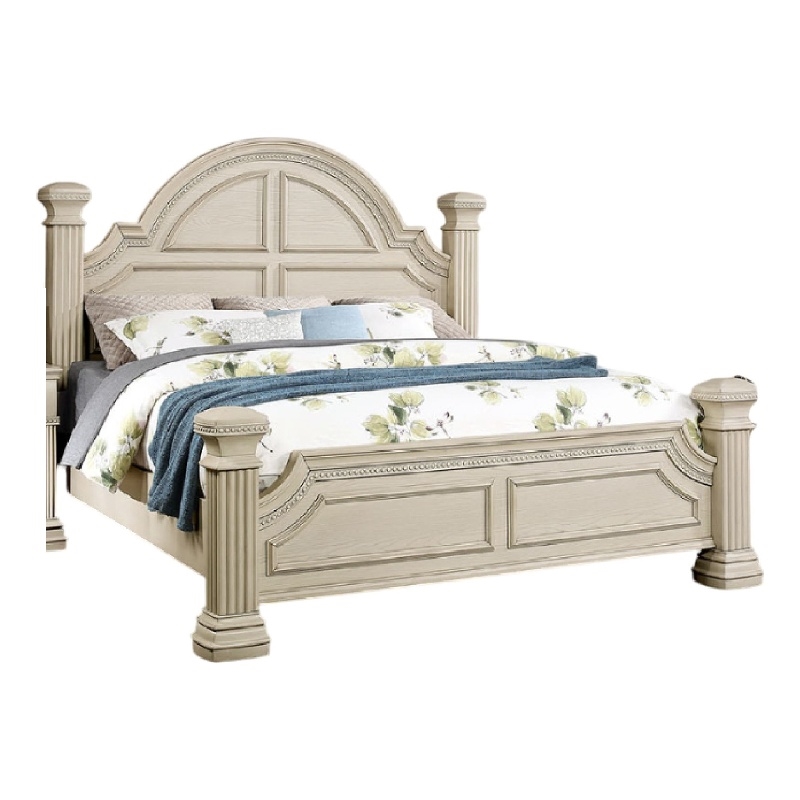 Akia King Bed-Antique White Solid Wood-Reeded Posts-Molded Trim