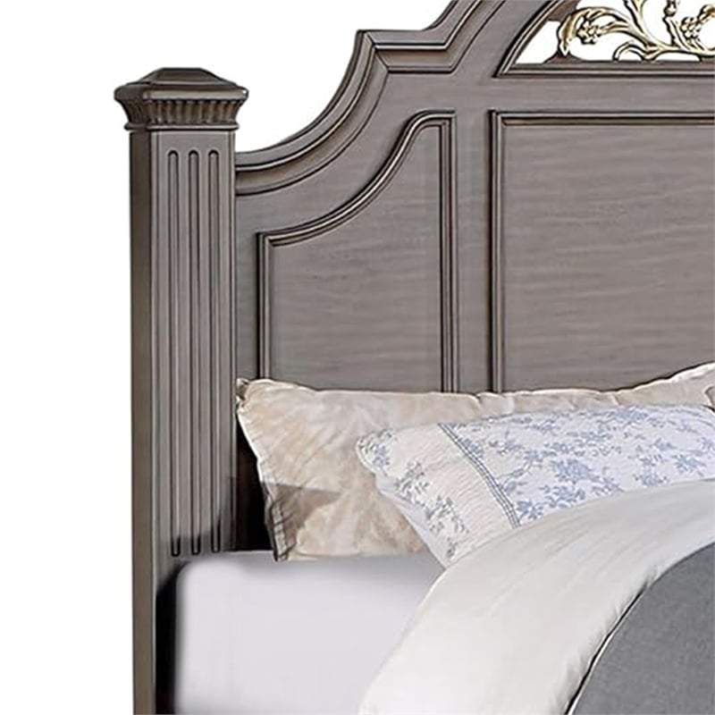 Recus California King Bed-Carved Floral Details-Arched Headboard-Gray