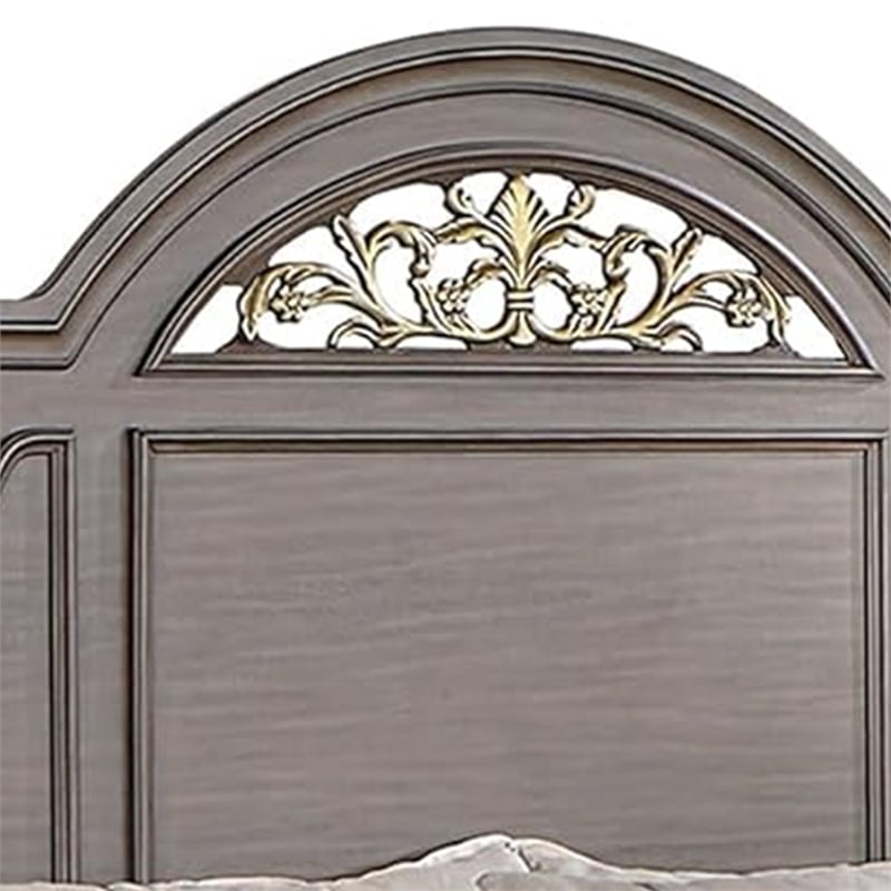Recus California King Bed-Carved Floral Details-Arched Headboard-Gray