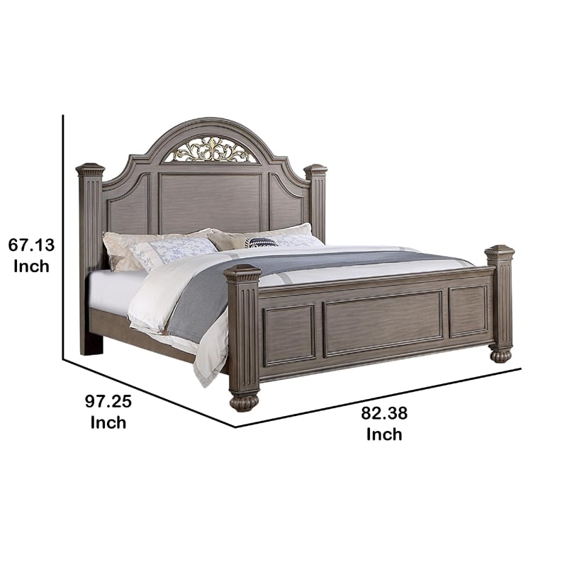 Recus California King Bed-Carved Floral Details-Arched Headboard-Gray