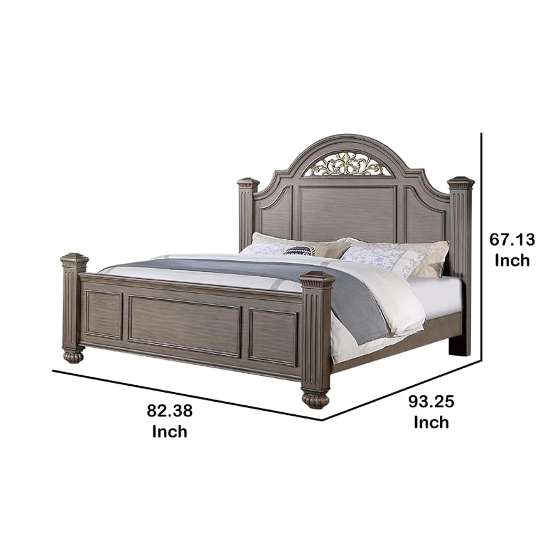 Recus King Bed-Carved Floral Details-Arched Headboard-Gray Wood