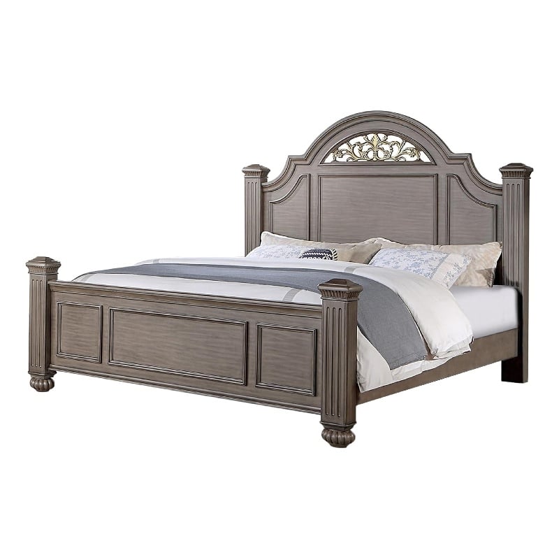Recus King Bed-Carved Floral Details-Arched Headboard-Gray Wood