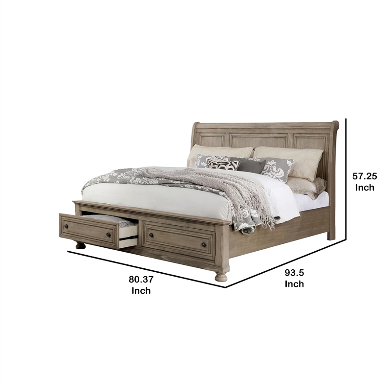 Ava King Bed with Footboard Storage and Bun Feet-Gray Solid Wood
