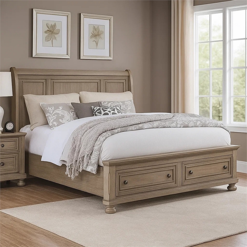 Ava King Bed with Footboard Storage and Bun Feet-Gray Solid Wood