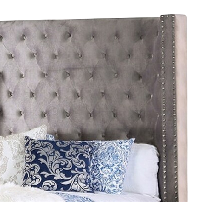 Rozy Queen Bed with Wingback Headboard-Nailhead Trim-Gray Upholstery