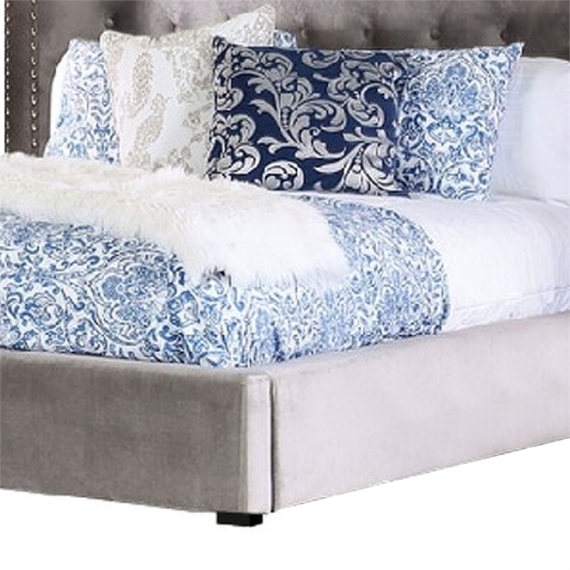 Rozy Queen Bed with Wingback Headboard-Nailhead Trim-Gray Upholstery