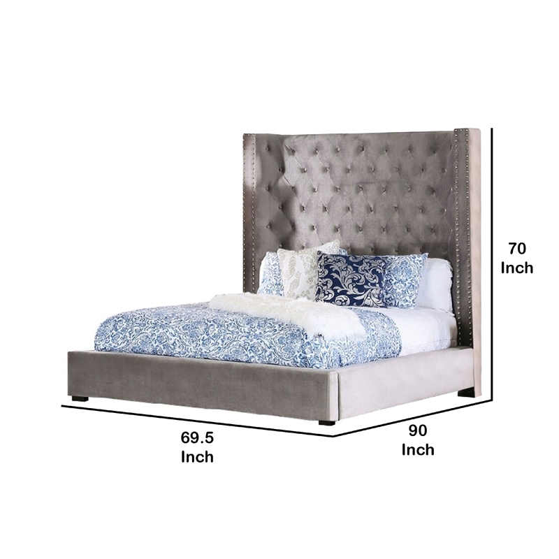 Rozy Queen Bed with Wingback Headboard-Nailhead Trim-Gray Upholstery