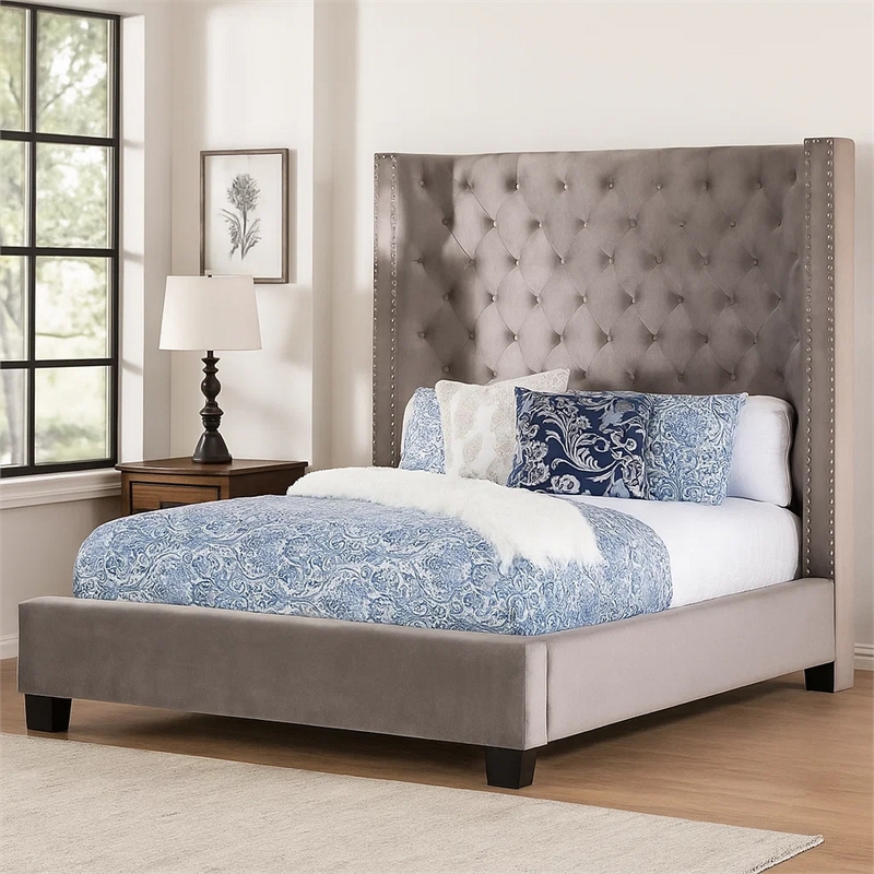 Rozy Queen Bed with Wingback Headboard-Nailhead Trim-Gray Upholstery