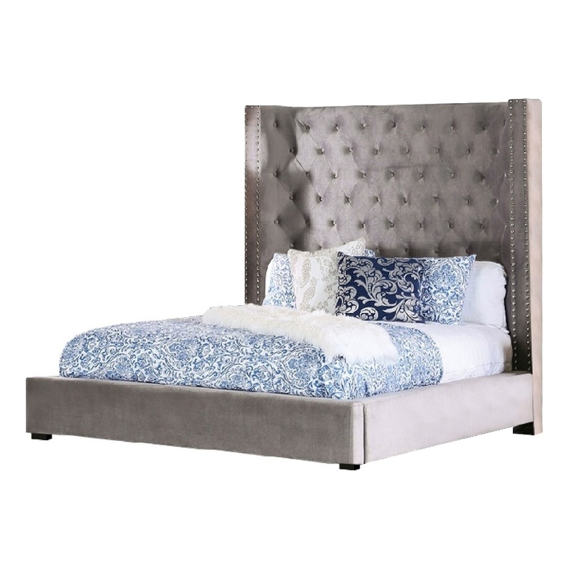 Rozy Queen Bed with Wingback Headboard-Nailhead Trim-Gray Upholstery