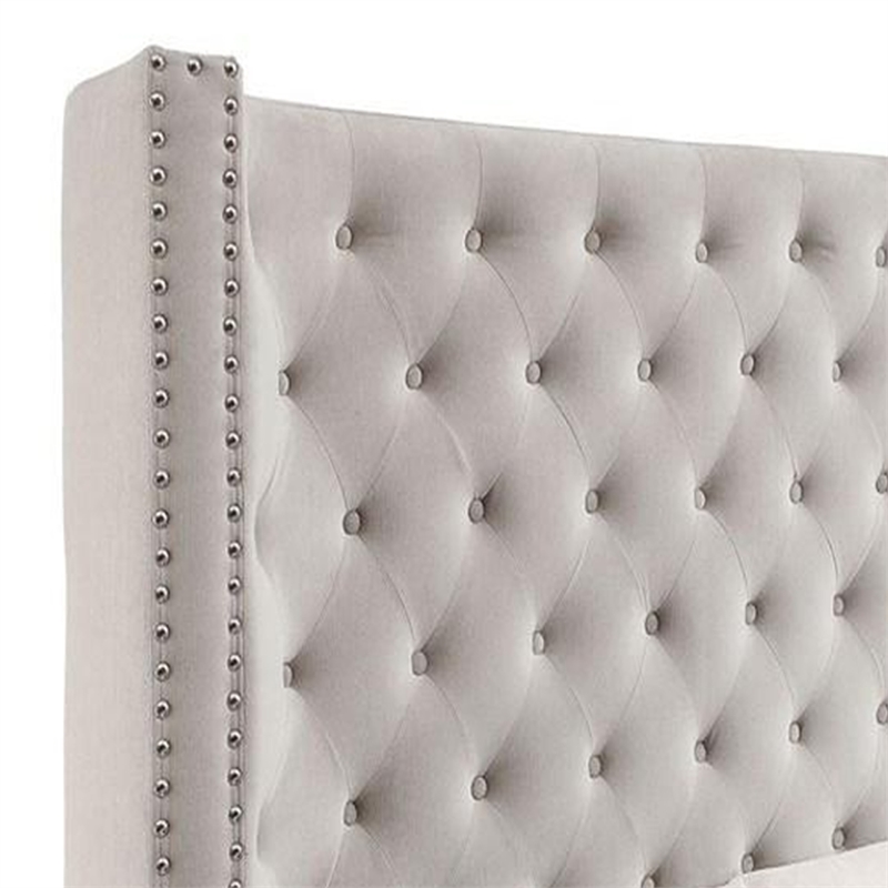 Rozy King Bed-Wingback Tall Headboard-Nailhead Trim-Ivory Upholstery