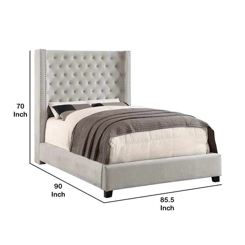 Rozy King Bed-Wingback Tall Headboard-Nailhead Trim-Ivory Upholstery