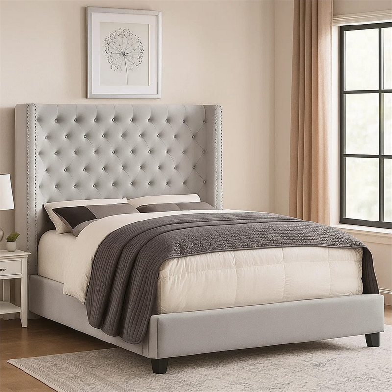 Rozy King Bed-Wingback Tall Headboard-Nailhead Trim-Ivory Upholstery