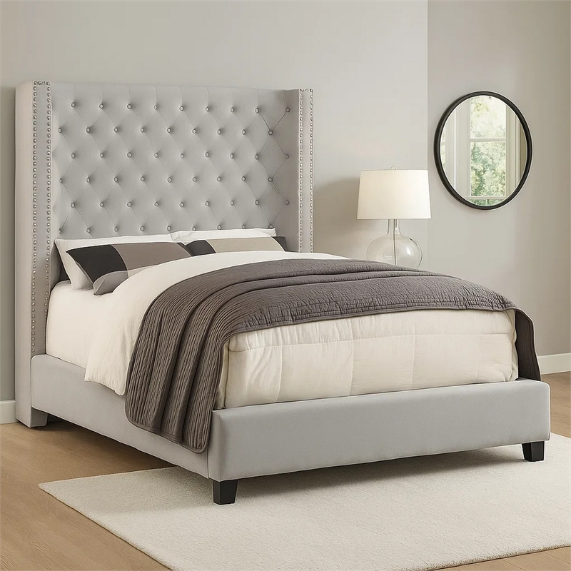 Rozy King Bed-Wingback Tall Headboard-Nailhead Trim-Ivory Upholstery