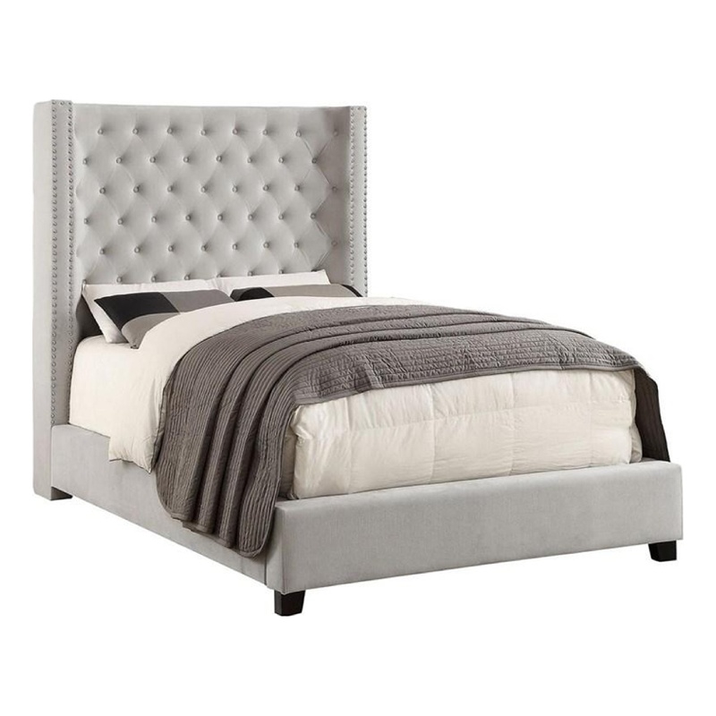 Rozy King Bed-Wingback Tall Headboard-Nailhead Trim-Ivory Upholstery