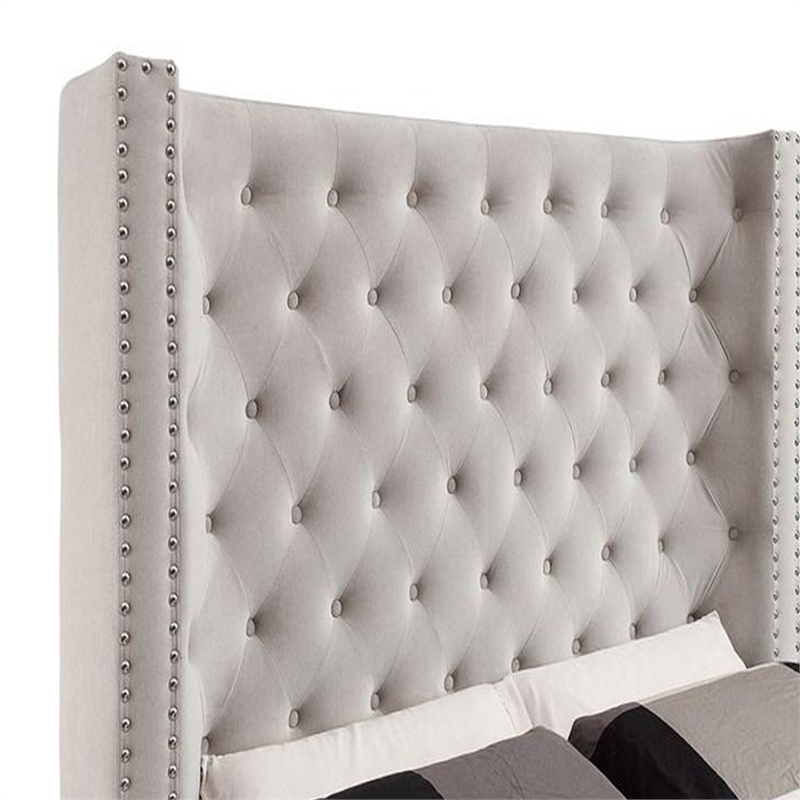 Rozy Queen Bed w Wingback Tall Headboard-Nailhead Trim-Ivory Upholstery