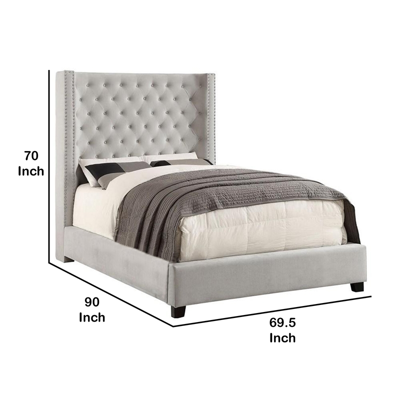 Rozy Queen Bed w Wingback Tall Headboard-Nailhead Trim-Ivory Upholstery