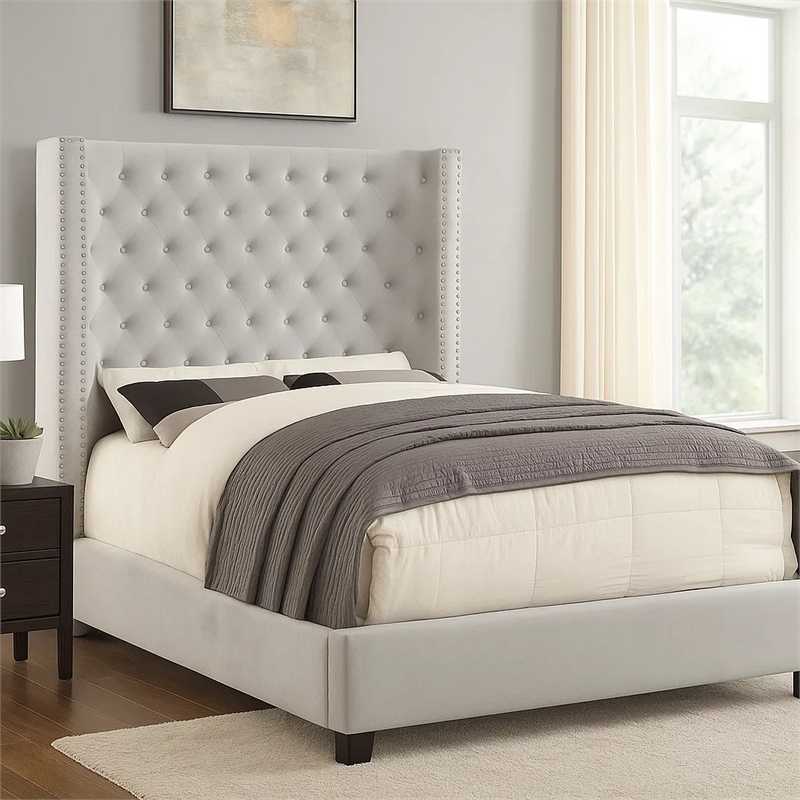 Rozy Queen Bed w Wingback Tall Headboard-Nailhead Trim-Ivory Upholstery