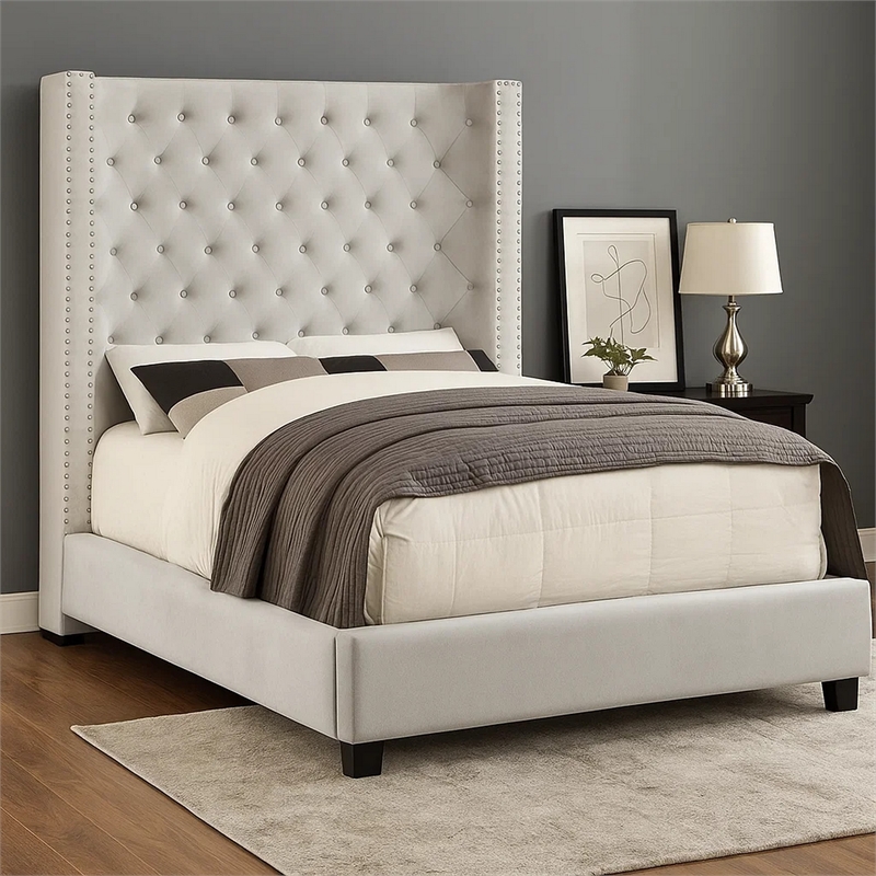 Rozy Queen Bed w Wingback Tall Headboard-Nailhead Trim-Ivory Upholstery