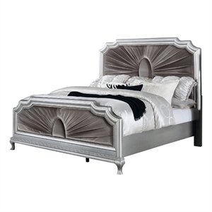 Xan Cal. King Bed-Silver Wood-Gray Pleated Velvet Upholstery