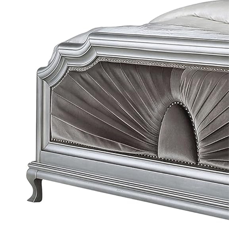 Xan King Bed-Silver Wood-Gray Pleated Velvet Upholstery