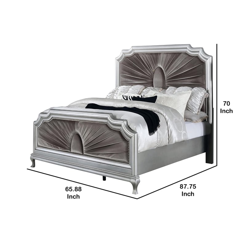 Xan Queen Bed-Silver Wood-Gray Pleated Velvet Upholstery