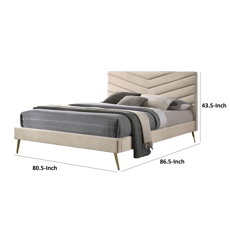 Vevy King Size Bed-Chevron Tufted Beige Flannelette Upholstery
