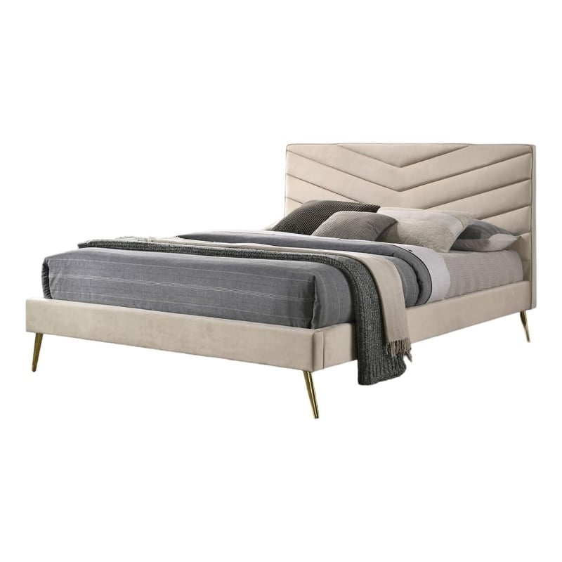 Vevy King Size Bed-Chevron Tufted Beige Flannelette Upholstery