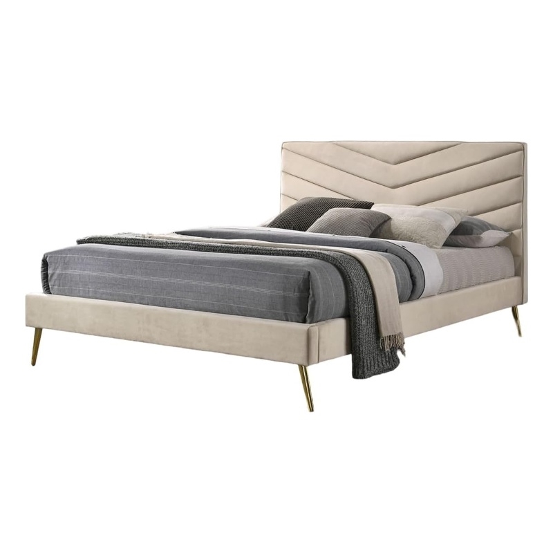 Vevy King Size Bed-Chevron Tufted Beige Flannelette Upholstery
