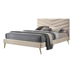 Vevy King Size Bed-Chevron Tufted Beige Flannelette Upholstery