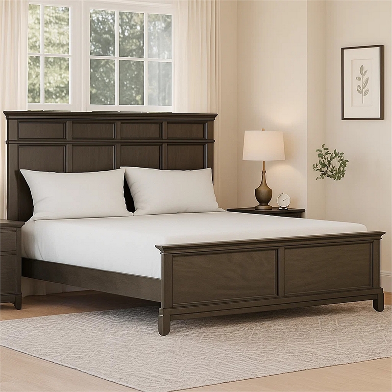 Revy Queen Size Bed-Traditional Crown Moldings-Gray Solid Wood