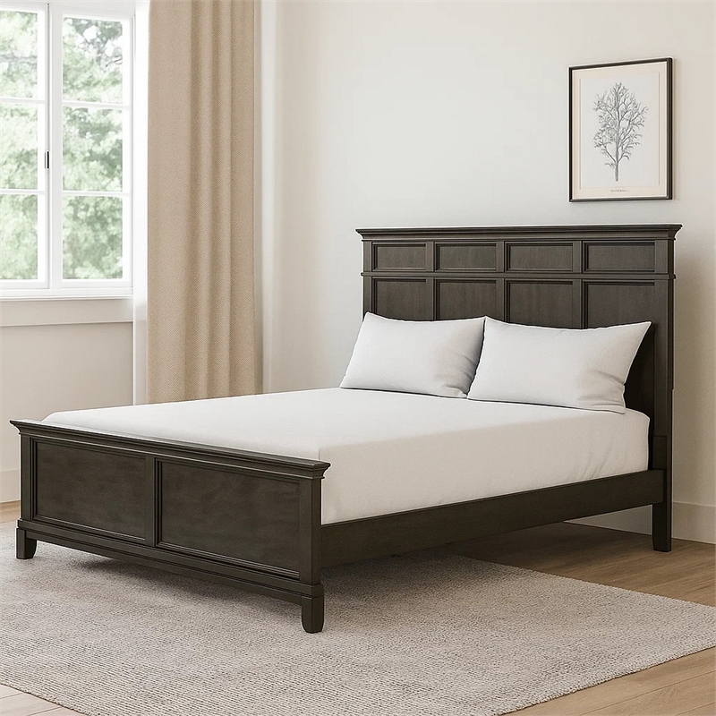 Revy Queen Size Bed-Traditional Crown Moldings-Gray Solid Wood