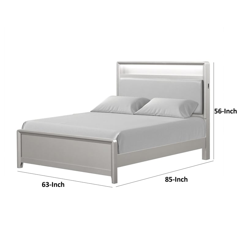 Broy Queen Size Bed w LED Bookcase Headboard-Champagne Silver Veneer