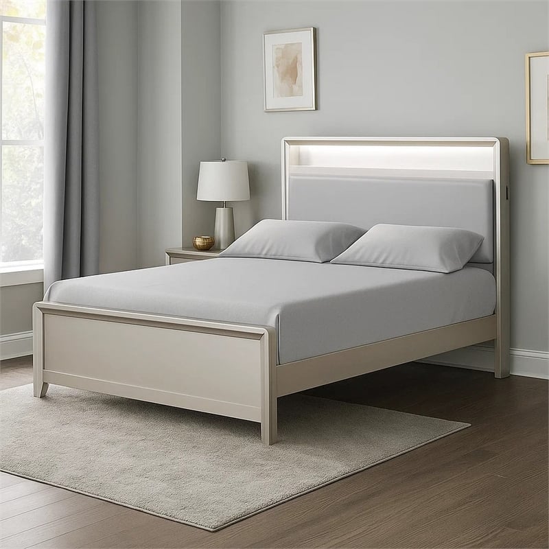 Broy Queen Size Bed w LED Bookcase Headboard-Champagne Silver Veneer