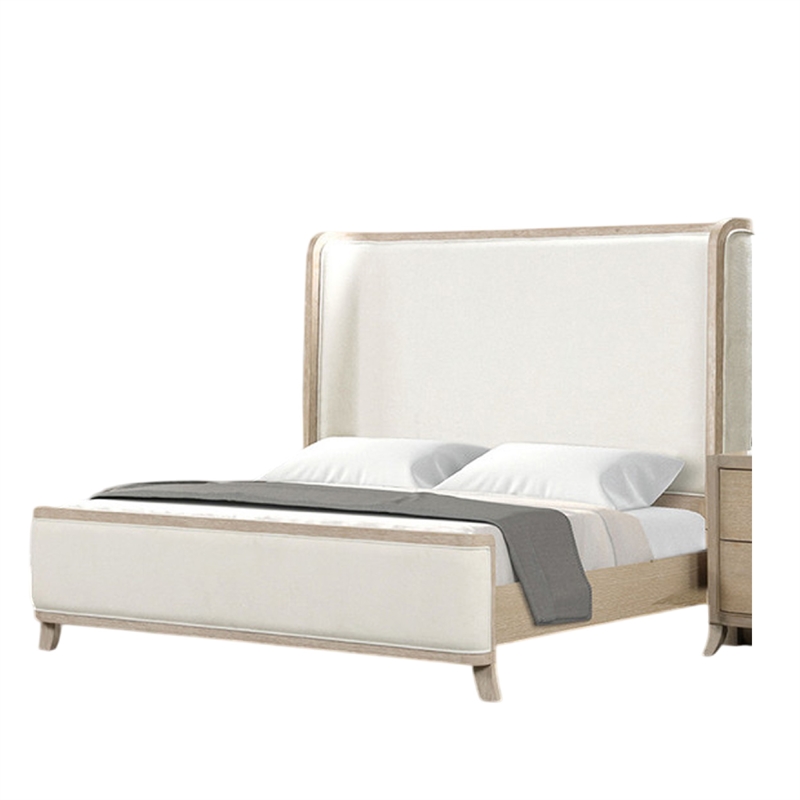Fea Queen Bed-Natural Oak-Shelter Padded Headboard-White Upholstery