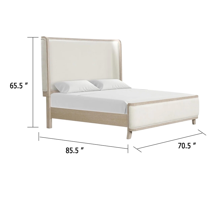 Fea Queen Bed-Natural Oak-Shelter Padded Headboard-White Upholstery