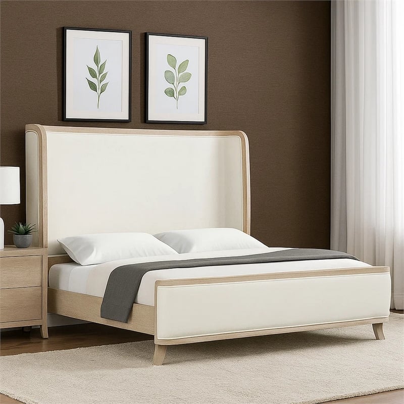 Fea Queen Bed-Natural Oak-Shelter Padded Headboard-White Upholstery